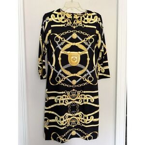 J. McLaughlin Dress Womens Small Black Equestrian Chain Print Sheath 3/4 Sleeve